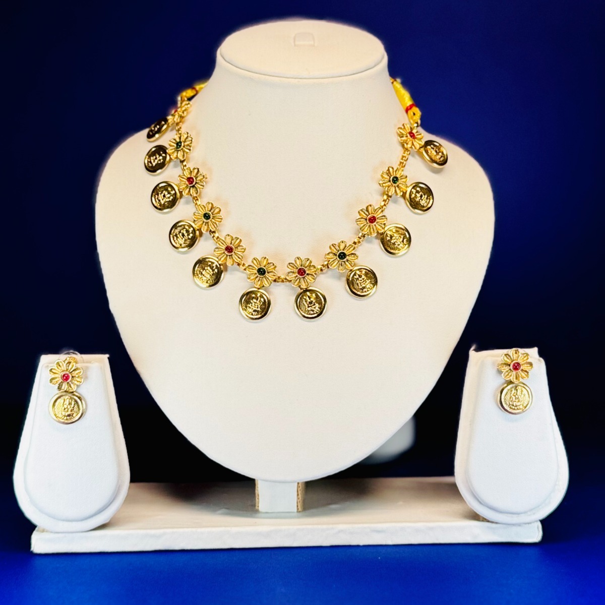 Temple High Gold Polish Full Stone Party Wear Necklace Set
