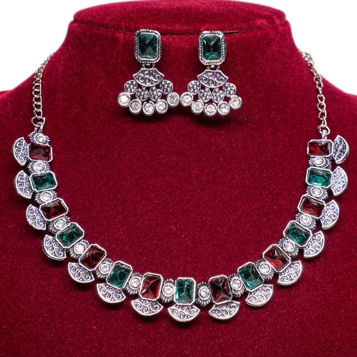 Oxidized Full Stone Short Necklace Set